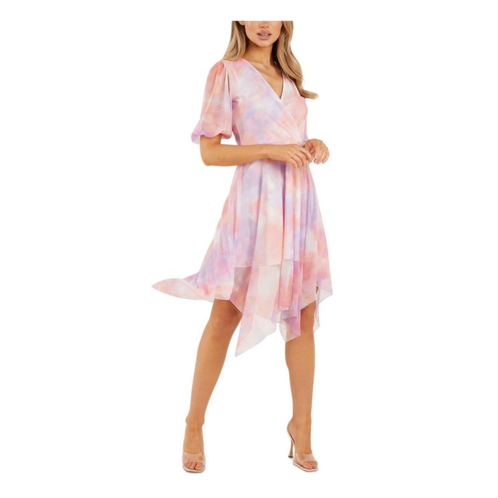QUIZ Womens Purple Handkerchief-hem Lined Pouf Sleeve Midi Fit + Flare Dress 8